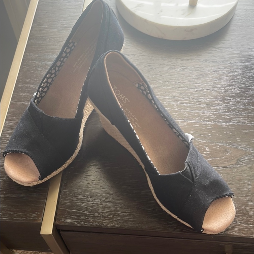 TOMS Black Canvas Peep Toe Wedges-NWT